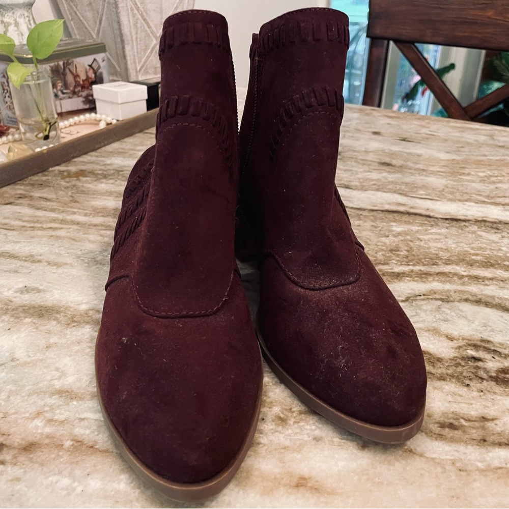 MADELINE WOMEN’S BURGUNDY SUEDE ANKLE BOOTS BOOTIES BLOCK HEEL 7